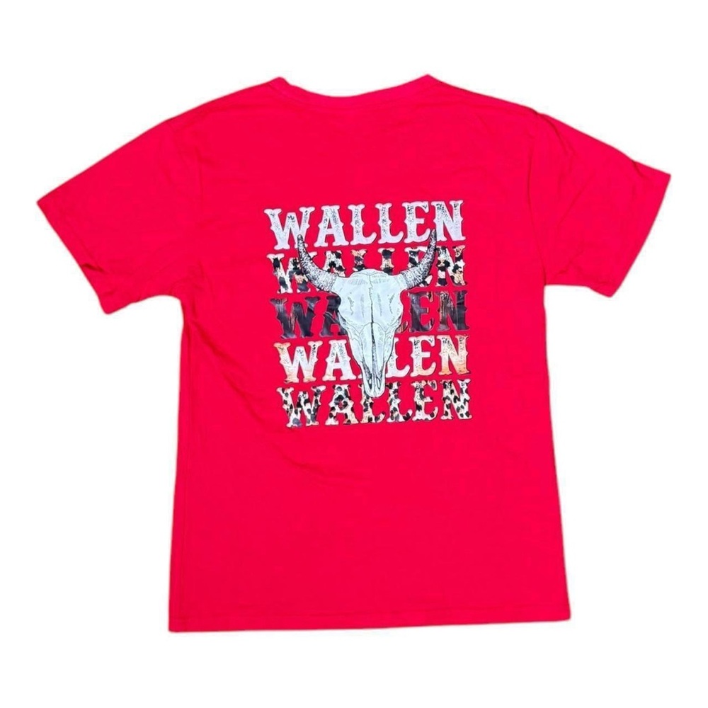 Vibrant Red Short Sleeve Tee with Graphic Design. Fits more like a mens small